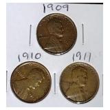 1909, 1910, 1911 Lincoln Wheat Penny Coins