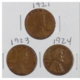 1921, 1923, 1924 Lincoln Wheat Penny Coins