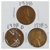1938 PDS, 1939 PDS Lincoln Wheat Penny Coins