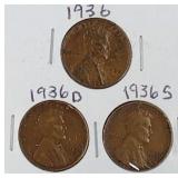 1936 PDS, 1937 PDS Lincoln Wheat Penny Coins