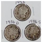 1936 PDS Mercury Dime Coins