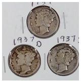 1937 PDS Mercury Dime Coins
