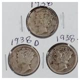 1938 PDS Mercury Dime Coins