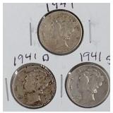 1941 PDS Mercury Dime Coins