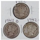 1942 PDS Mercury Dime Coins