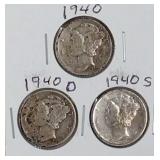 1940 PDS Mercury Dime Coins