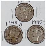 1943 PDS Mercury Dime Coins