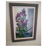 2 framed paintings and round mirror