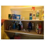 lot of cleaning supplies, mops and more