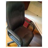 Swivel office chair, floor mat and garage can