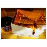Halloween decor lot - tin, table runner, mug,