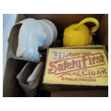 yellow teapot, "Safety First" cigar box, Knight