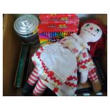 3 boxes of crayons, Raggedy Ann & Andy dolls,