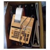 adding machine, 3 ring binders, leather document