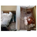2 small boxes of glass, blue glass bowls, candles