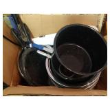 enamel small canner, pots, pans, cookware, knives