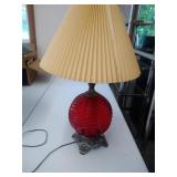 red glass base lamp - stands 30 inches