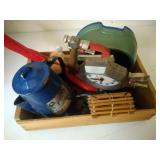 blue enamel coffee pot, baton, dog dishes, grape