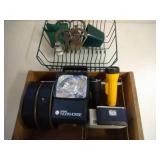 flashlights, binoculars, drying rack, grape crate
