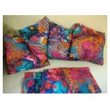 4 colorful decor pillows and 2 matching valances