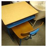 vintage blue school desk with chair, chair is