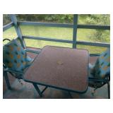 Patio table, 2 chairs & cushions, rug, step ladder