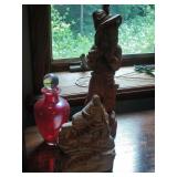 wood Pied Piper statue (16 inches) red glass vase