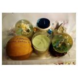 tote of snow globes, musical trinket box, bank,