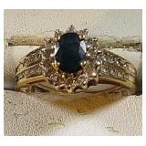 10k yg oval Sapphire Ring, 30 accent diamonds, 3.6