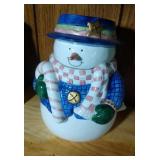 Snowman (blue hat & jacket) Cookie Jar - 9.5 inch