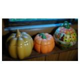 lot of 3 pumpkin Cookie Jars, one marked Jim Shore