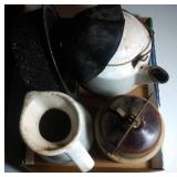 flat of stoneware and enamelware - 5 pieces