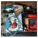 Tiffany style lamp, bird cage with 2 birds, & old Tiffany style lamp, bird cage with 2 birds, & old