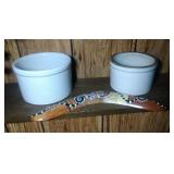 2 stoneware crocks and a boomarang 2 stoneware crocks and a boomarang