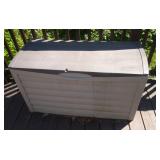 Suncast outdoor storage bin with contents Suncast outdoor storage bin with contents