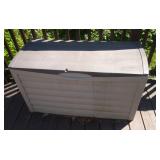 Suncast outdoor storage bin with contents