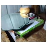 beveled octagonal mirror, 2 bathroom scales and