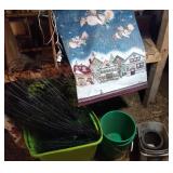 tote of outdoor decor fencing, shephard hooks with