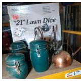 box with canister set, 21 inch lawn dice, candle