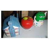 lot of 3 cookie jars - M&M, apple and House lot of 3 cookie jars - M&M, apple and House