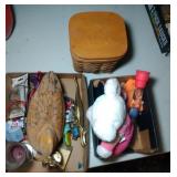 2 flat and a basket of wooden duck, brass 2 flat and a basket of wooden duck, brass