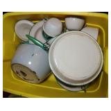 tote of approx 15 pieces of enamelware