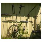 antique tools on side of pole shed -  12 pieces