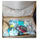 vintage suitcase of fishing tackle & hand warmers