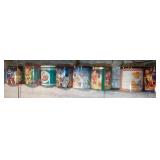 9 large tins including Power Rangers, "milk can"