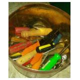 tin of hand tools, wire cutters, screwdrivers,