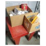 low red work bench/table, 2 boxes of hardware