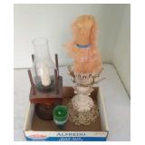 3 candles and stands - one stands 11 inch without
