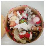 hat box with Christmas ornaments, some sequenced