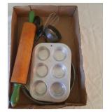 rolling pin, muffin tins, cookie cutters, wisk,